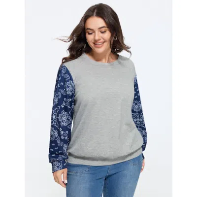 Bloomchic Raglan Sleeve Paisley Print Patchwork Sweatshirt In Gray