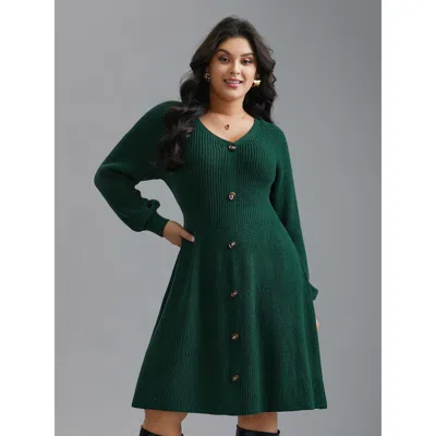 Bloomchic Raglan Sleeve Textured Button Detailing Dress In Green