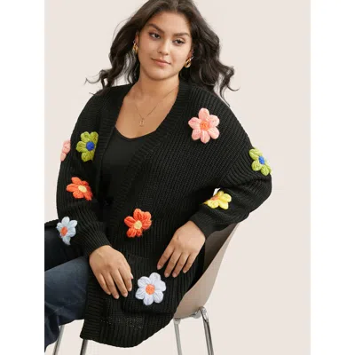 Bloomchic Rainbow Floral Pocket Open Front Cardigan In Black