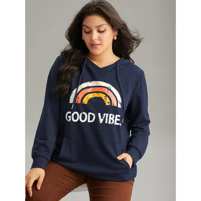 Bloomchic Rainbow Print Kangaroo Pocket Hooded Sweatshirt In Blue