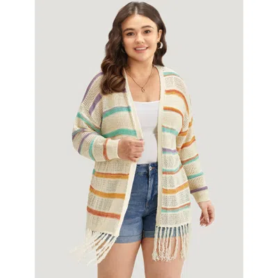 Bloomchic Rainbow Striped Fringe Trim Open Front Cardigan In Orange