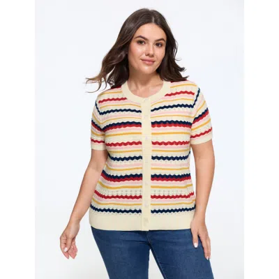 Bloomchic Rainbow Wavy Stripe Cut Out Front Button Cardigan In Multicolor