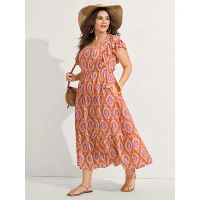 Bloomchic Rayon Boho Print Pocket Midi Dress In Orange