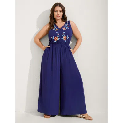 Bloomchic Rayon Floral Embroidery Stretchy Waist Jumpsuit In Blue