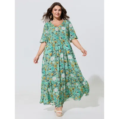 Bloomchic Rayon Floral Lace Trim Button Maxi Dress In Green