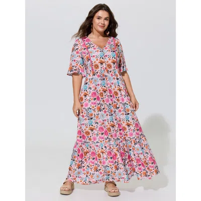 Bloomchic Rayon Floral Lace Trim Button Maxi Dress In Pink