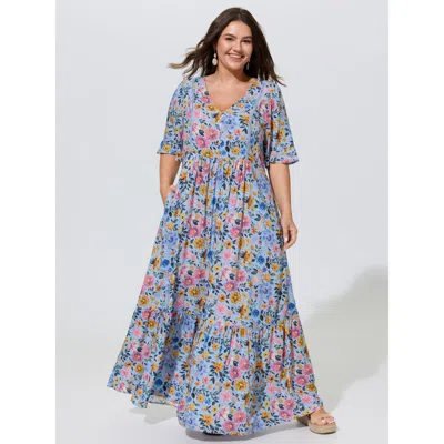 Bloomchic Rayon Floral Lace Trim Button Maxi Dress In Multi