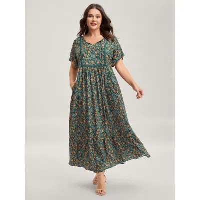 Bloomchic Rayon Floral Print Neck Tie Pockets Maxi Dress In Green