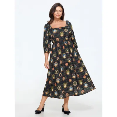 Bloomchic Retro Cat Frame Print Plaid Midi Dress In Darkgreen