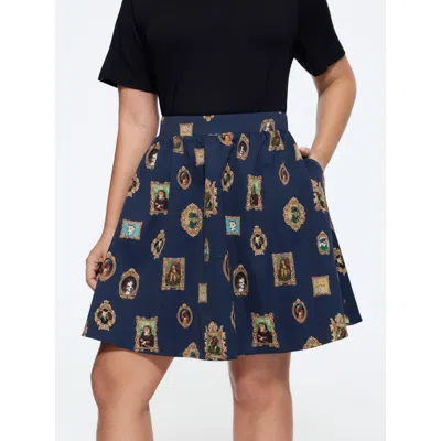 Bloomchic Retro Cat Frame Print Pockets Skirt In Blue