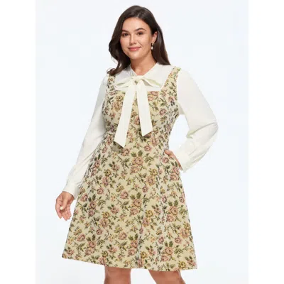 Bloomchic Retro Rose Bow Tie Collar Patchwork Mini Dress In Apricot