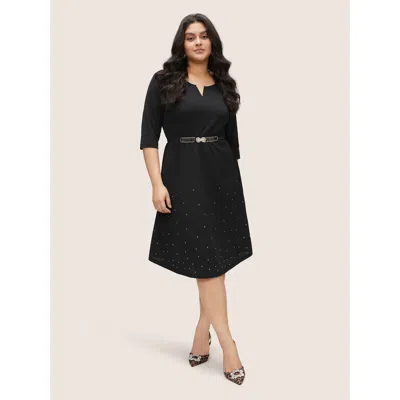 Bloomchic Rhinestone Notched Pocket Curved Hem Dress In Black