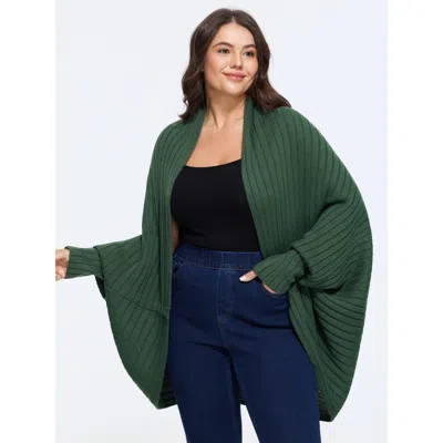 Bloomchic Ribbed Batwing Sleeve Open Front Cardigan In Green