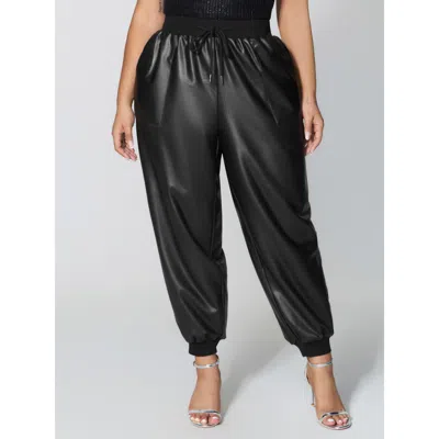 Bloomchic Ribbed Trim Spliced Leather Drawstring Pants In Blue