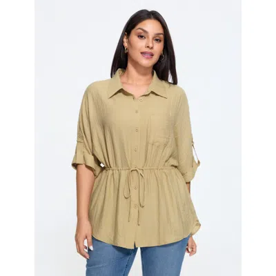 Bloomchic Roll Tab Sleeve Drawstring Waist Blouse In Gold