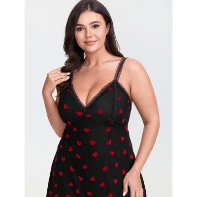 Bloomchic Romantic Heart Print Sheer Nightgown In Black