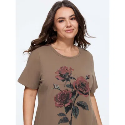 Bloomchic Rose Print Distressed Wash T-shirt In Browncoffeecolor