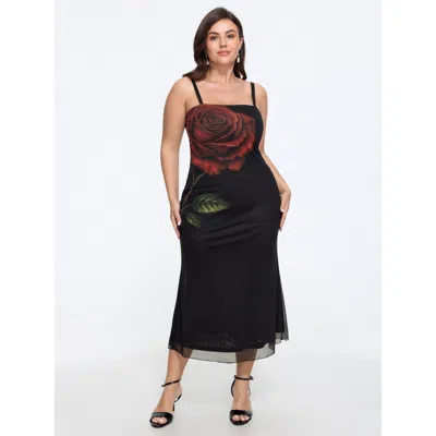 Bloomchic Rose Print Mesh Sleeveless Midi Dress In Black