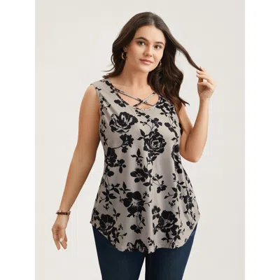 Bloomchic Rosy Print Neck-tie Fitted Vest In Multi