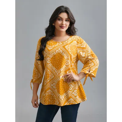 Bloomchic Round Neck Bandana Print Sleeve Tie Blouse In Yellow
