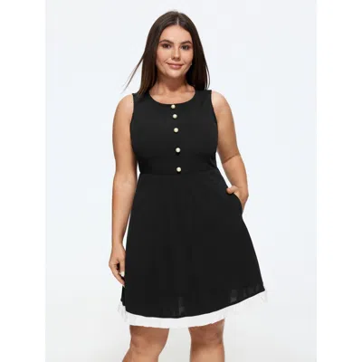Bloomchic Round Neck Button Detail Ruffle Hem Mini Dress In Black