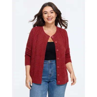 Bloomchic Round Neck Button Front Cable Knit Cardigan In Red