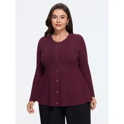 Bloomchic Round Neck Button Front Ribbed Knit Cardigan In Brown
