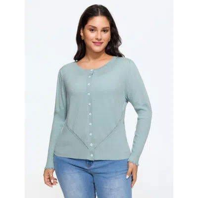 Bloomchic Round Neck Cut Out Button Down Cardigan In Lightblue