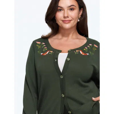 Bloomchic Round Neck Fox & Floral Embroidery Button Down Cardigan In Armygreen