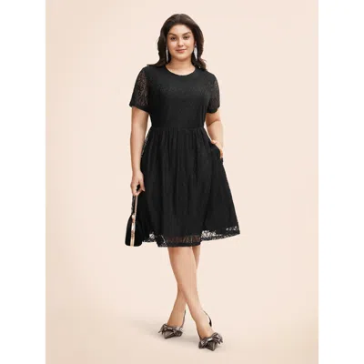 Bloomchic Round Neck Lace Patchwork Mesh Dress In Black