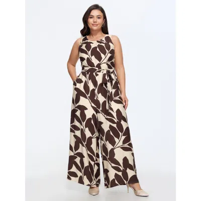 Bloomchic Round Neck Leaf Print Self Tie Wide Leg Jumpsuit In Browncoffeecolor
