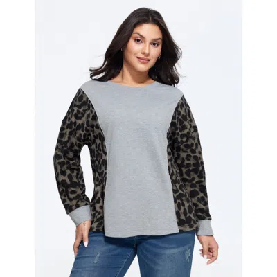 Bloomchic Round Neck Leopard Spliced Casual Sweatshirt In Multi