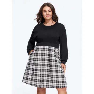 Bloomchic Round Neck Plaid Patchwork Mini Dress In Black