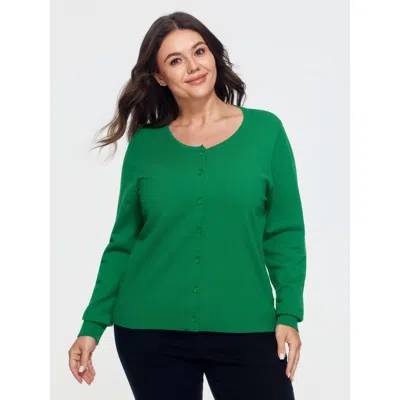 Bloomchic Round Neck Scallop Edge Button Front Cardigan In Green