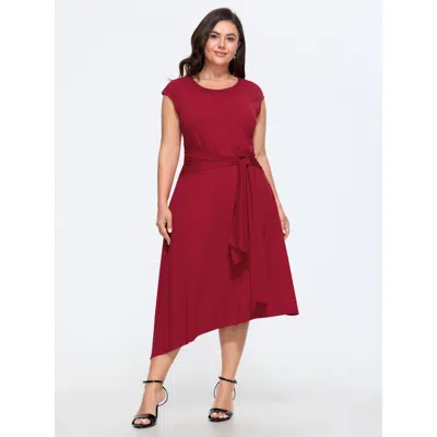 Bloomchic Round Neck Self Tie Waist Asymmetrical Hem Midi Dress In Brightred