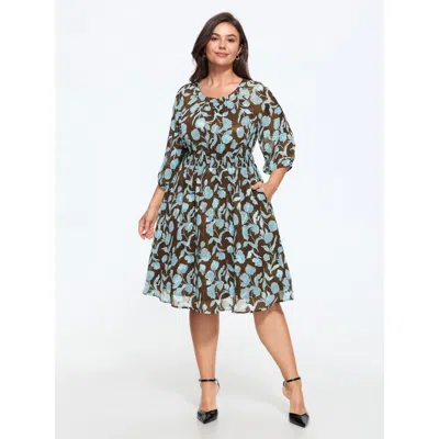 Bloomchic Round Neck Shirred Waist Flowy Mini Dress In Yellowishbrown