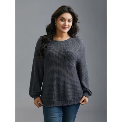 Bloomchic Round Neck Waffle Knit Patched Pocket Top