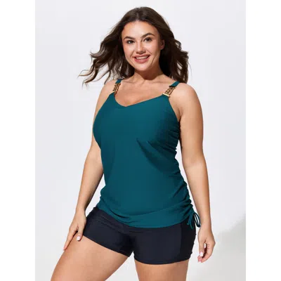 Bloomchic Ruched Adjustable Drawstrings Plain Swim Top In Blue
