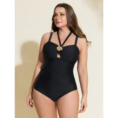 Bloomchic Ruched Tummy-friendly Plain One-piece Swim In Black