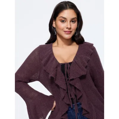 Bloomchic Ruffled Collar Tie‑front Flare Sleeve Cardigan In Purple