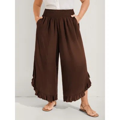 Bloomchic Ruffled Curvy Hem Wide-leg Pants In Brown