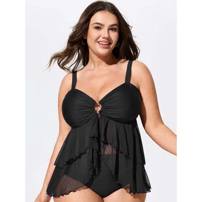 Bloomchic Ruffled Cut-out Flowy Swim Top In Black