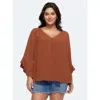 Bloomchic Ruffled Flared Sleeve Plain Blouse In Rust