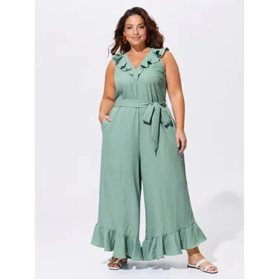 Bloomchic Ruffled Neckline Waist-tie Wide-leg Jumpsuit In Green