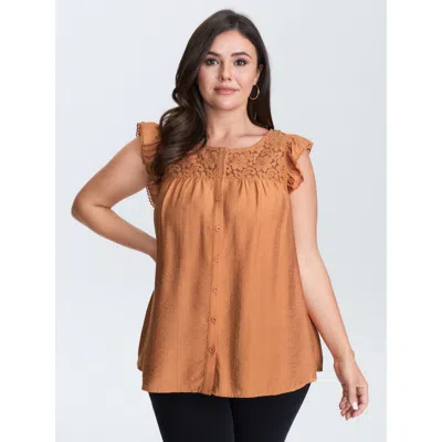 Bloomchic Ruffled Sleeve Button Detail Lace Tank Top In Brown