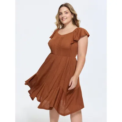 Bloomchic Ruffled Sleeve Fit And Flare Midi Dress In Brown