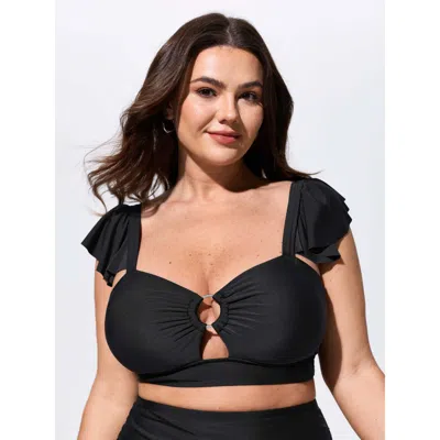 Bloomchic Ruffled Sleeve Ruched Cut-out Bodice Swim Top In Black