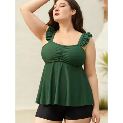 Bloomchic Ruffled Straps Cinched Swim Dress In Armygreen