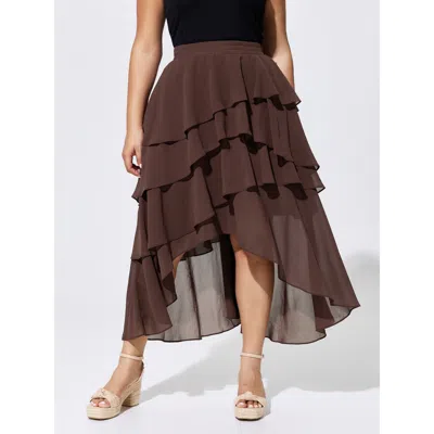 Bloomchic Ruffled Tiered Flowy Asymmetrical Maxi Skirt In Brown