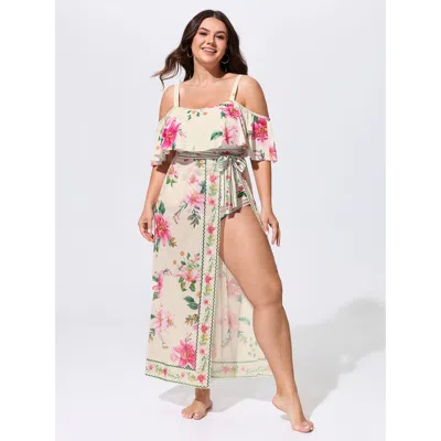 Bloomchic Sarong Set Floral Print Off-shoulder One-piece Swimsuit In Multi
